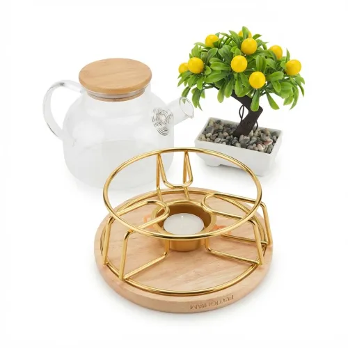 قاعدة تسخين إبريق الشاي بتصميم خشبي ومعدني (Teapot Warmer Base)