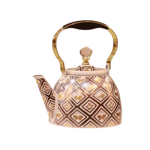 إبريق شاي KETTLE بتصميم كاروهات ونقوش الفراشات الذهبية الفاخرة مع مقبض علوي متين