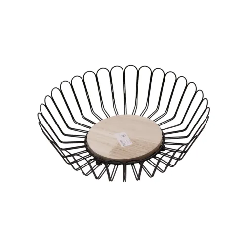 سلة تقديم وتخزين معدنية مودرن بقاعدة خشبية (Modern Metal Wire Fruit & Serving Basket with Wooden Base)