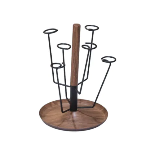 حامل ومنظم أكواب معدني بقاعدة وعمود خشبي (Mug & Cup Holder Stand)