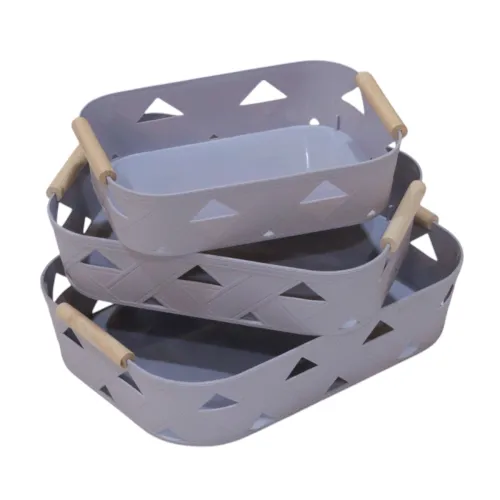 طقم سلال تنظيم بلاستيكية بمقابض خشبية متعددة الاستخدامات - Multi-purpose Storage Bins (طقم 3 قطع)